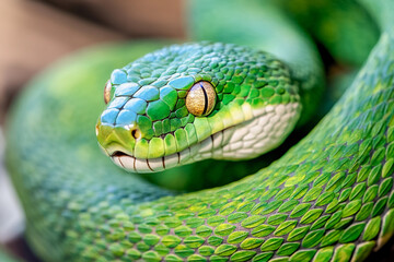 Green snake resting on a branch in sunlight