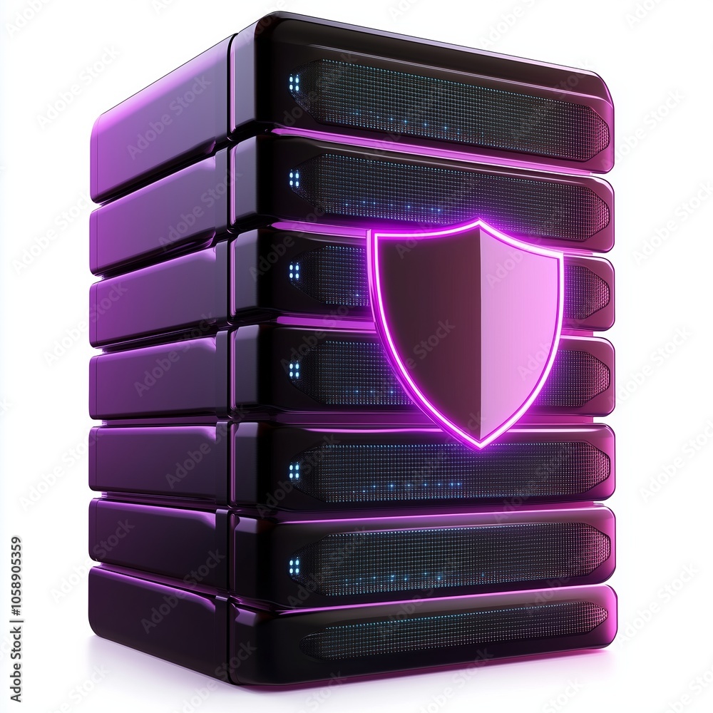 Poster a high-tech server with a shield icon, representing data security and protection, isolated on a whit