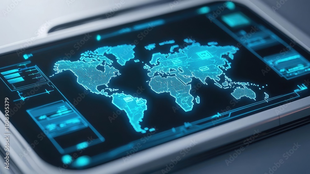 Poster digital world map on a tablet screen, futuristic interface, technology concept.