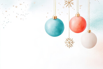 Fototapeta premium Colorful Christmas ornaments hang against soft watercolor background, creating festive and cheerful atmosphere. Perfect for holiday designs