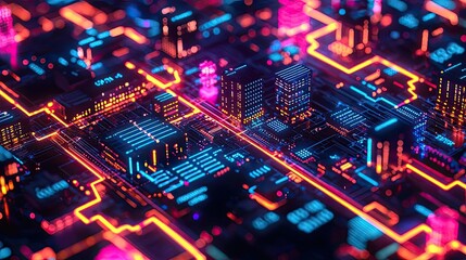 Obraz premium Futuristic cityscape with glowing neon lights and interconnected patterns.