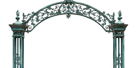 Fototapeta premium Antique, weathered green wrought iron garden archway set against a white backdrop, complete with a clipping path for easy use. A vintage design for enchanting outdoor spaces.