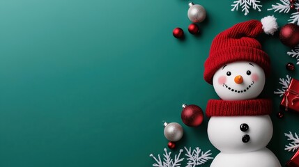 Fototapeta premium Festive snowman with Christmas hat and ornaments on a green background for holiday promotions