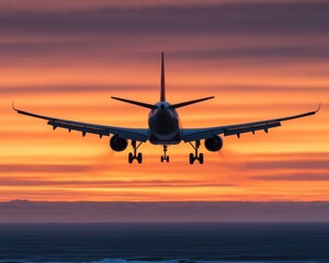 Naklejka premium Jet Plane Taking Off at Sunset Over Coastal Runway