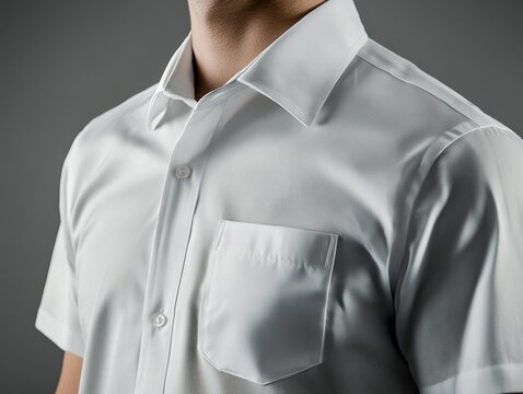 Close-up of a stylish white shirt with a pocket on gray background.