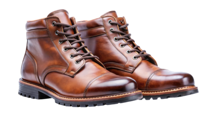 Pair of brown leather boots shoes for men fashion isolated on transparent background