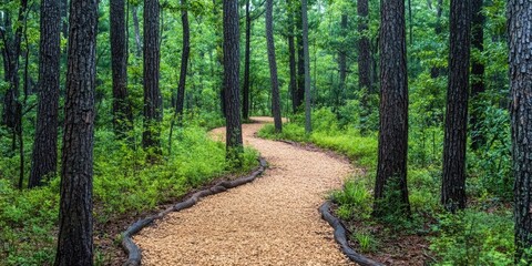 Obraz premium A rugged trail winds its way among a line of trees, creating a scenic pathway bordered by natures beauty and offering a unique outdoor experience.