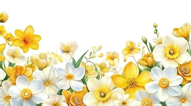 Vibrant spring border or banner created with a delightful arrangement of yellow and white flowers, perfect for seasonal themes and designs. Ample photo style copy space included.