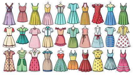 Collection of cartoon women's clothing outfits dresses to tops for fashion element illustrations branding or character
