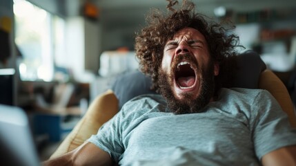 A man with curly hair and a beard yawns widely, stretching back on a comfortable chair in a casual, relaxed home environment filled with soft daylight.