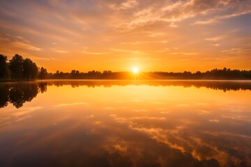 Bright sunrise with warm yellow and orange colors over a lake water reflecting the light, AI Generated