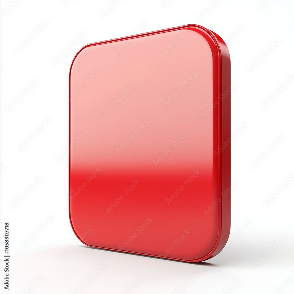 Poster blank mobile application icon, button - red square with round corners. 3d rendering, white backgroun