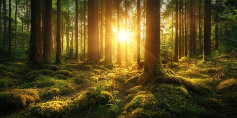 Fototapeta premium A stunning sunrise graces the forests natural landscape in the morning, creating a beautiful and captivating scene that showcases natures splendor.