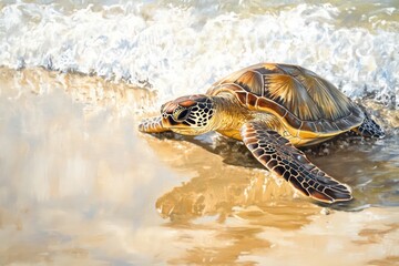 Obraz premium Reflective sea turtle returning to the sea after nesting. 