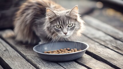 Cat Eating from Bowl on Rustic Wooden Surface