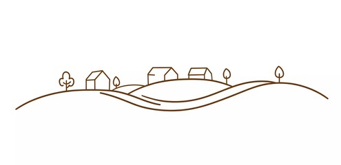 A simple, single-line drawing of the countryside, featuring houses and trees, set against a white background