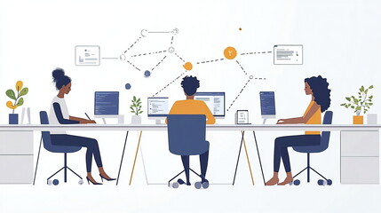 Three diverse colleagues collaborate in a modern office setting, working on computers and connected by a network of lines and icons.