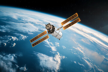 Fototapeta premium Exploring advanced satellite technology a neon data trail of earth from above