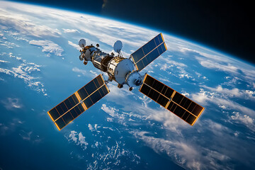 Fototapeta premium Exploring earth from space a neon perspective on advanced satellite technology and data visualization