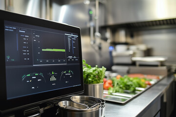 Restaurant kitchen dashboard with digital screen for time energy monitoring and saving efficiency