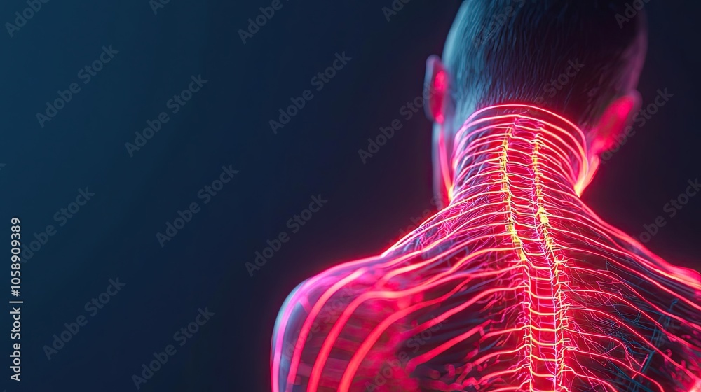 Poster human spine with glowing neural pathways, dark backdrop, abstract visualization