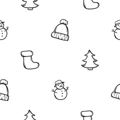 Simple vector black and white hand drawn New Year pattern with Christmas tree, hat, snowman and Christmas boot. Endless holiday background for wrapping paper, decoration, print, banner