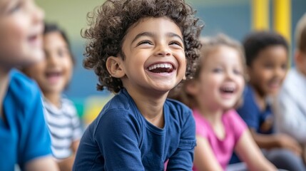 Fototapeta premium A joyful child with curly hair, laughing and surrounded by friends in a bright classroom.