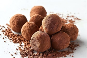 Close-up of homemade chocolate truffles dusted with cocoa powder on a white surface.