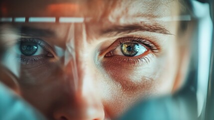 Intense eyes gaze determinedly through a protective face shield, exemplifying concentration, resilience, and a steely resolve to overcome challenges and succeed.