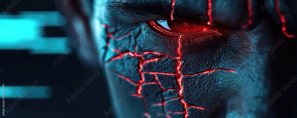 Poster futuristic face with glowing red cracks on a dark background.