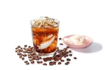 Americano ice coffee mix with coconut water and serving with coconut slices for topping put on sack in white background and isolated beverage concept.