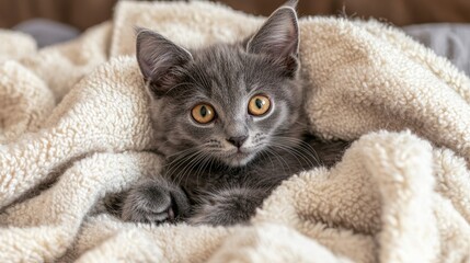 Cute gray kitten nestled in a soft, cozy blanket, looking curiously at the viewer.