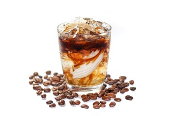Coffee beans spread around glass menu Americano ice coffee serving with coconut water and coconut slices for topping in white background and isolated beverage concept.