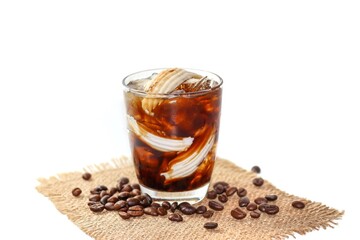 Americano ice coffee serving with coconut slices put on sack in white background and isolated concept.