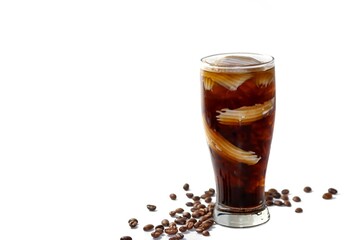Special menu with Americano ice coffee serving with coconut milk slices and coffee beans spread around glass put on white background with isolated beverage concept.