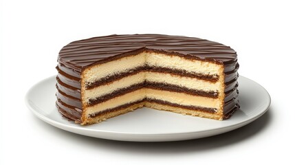 Delicious chocolate layer cake with cream filling on a white plate