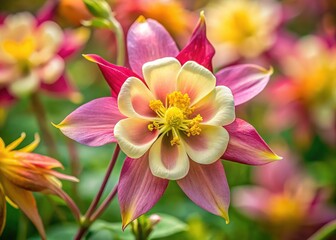 Macro Photography of Aquilegia Columbine Flower with Swan Pink and Yellow Hues