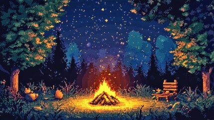 Obraz premium Cozy Campfire Beneath the Starry Night Sky in a Serene Forest Landscape