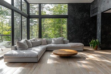 A mid century modern interior with minimalist, rough-finished black walls and a bright living room with a sofa and table. Generative AI
