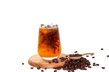 Americano ice coffee mix with orange juice serving with coffee beans spread on white background and isolate concept.
