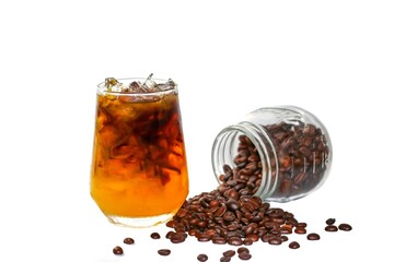 Americano ice coffee with orange juice put on white background in isolated photo style, coffee beans spread out bottles.