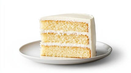 Delicious slice of vanilla layer cake on white plate