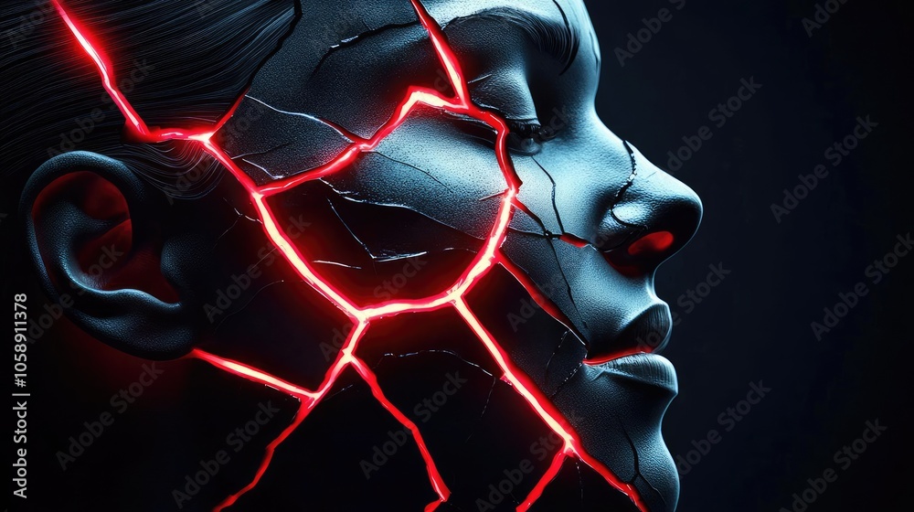 Poster artistic representation of a cracked face with glowing fractures, dark background.