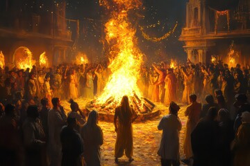 Scene of people gathering around a Holi bonfire with excitement.