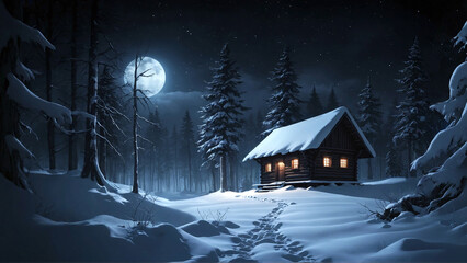 Dreamlike winter landscape with empty trail to cozy snow covered wooden house with lit porch among snowy fir forest at moonlight wintry night. No people digital art 3D illustration of secluded place.