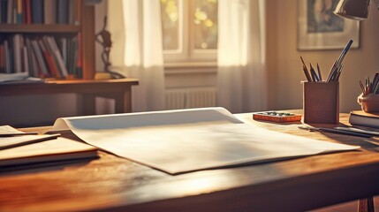 Cozy Workspace with Paperwork Books and Sunlit Interior