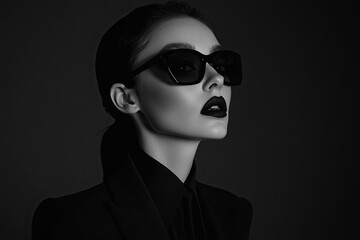 witch in black sunglasses in a suit on a plain background. strong emotions. different tones. on a black background. 
