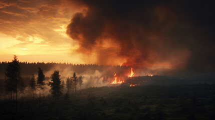 Obraz premium Smoky Countryside Forest Under Cloudy Evening Sky