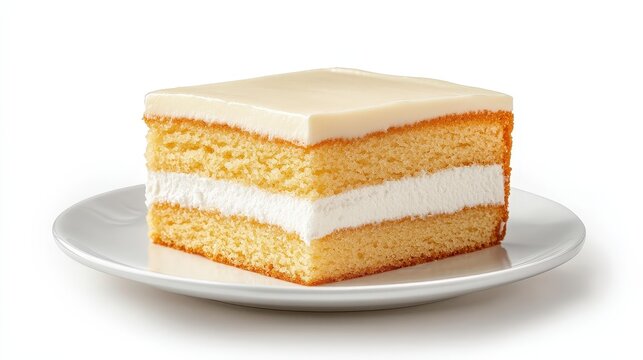 Delicious vanilla sponge cake slice with cream filling on white plate