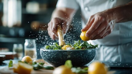 A chef skillfully squeezes lemon juice over a vibrant, fresh salad, emphasizing the freshness and culinary finesse in a modern kitchen setting.